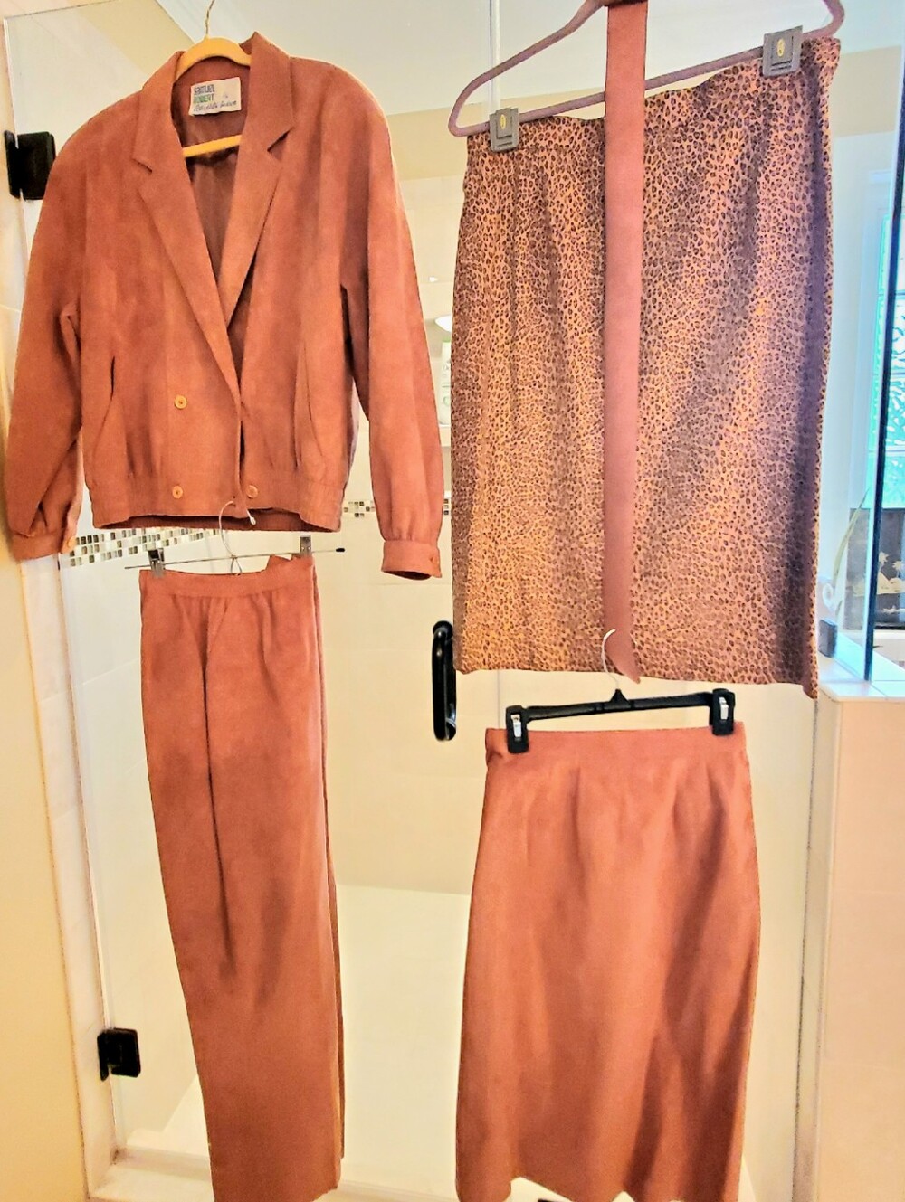 4 pcs-Designer Ultra Suede Ensemble, 2 Skirts, Pants, Bomber Style Jacket-size12
